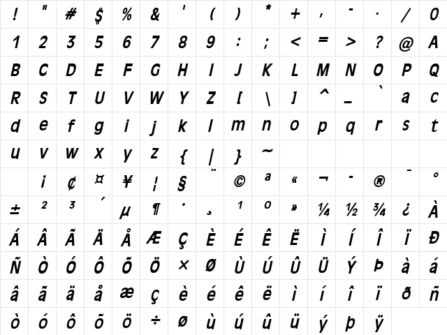 Antiqua 101-Condensed Bold Italic Character Map