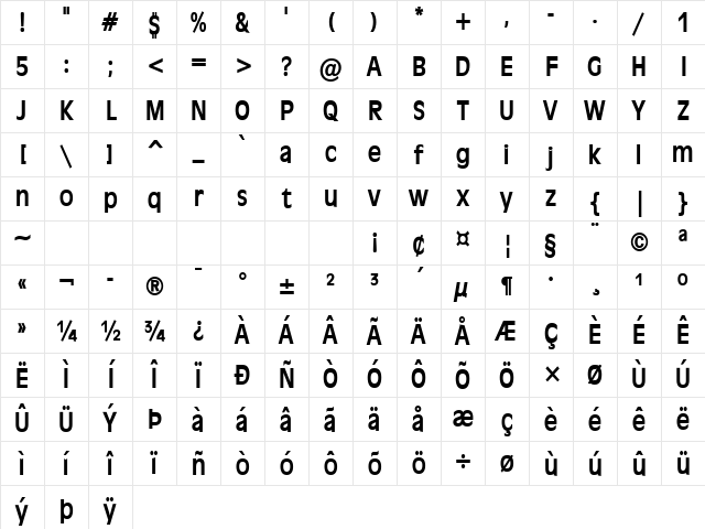 Antiqua 101-Condensed Bold Character Map