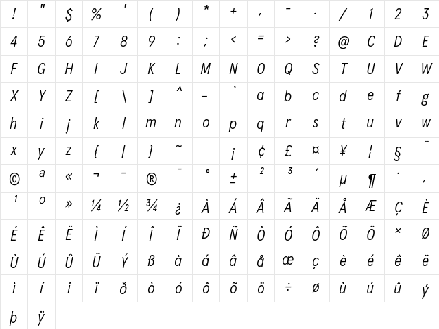 Apercu Condensed Pro Light Italic Character Map
