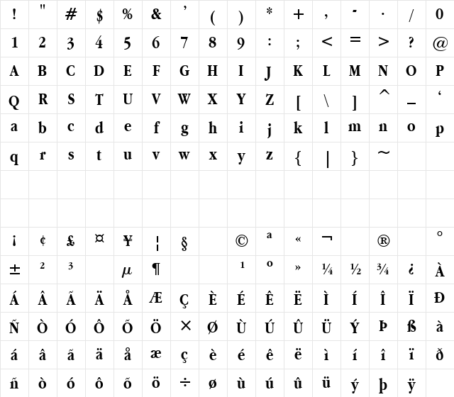 Apple Garamond BT Bold Character Map