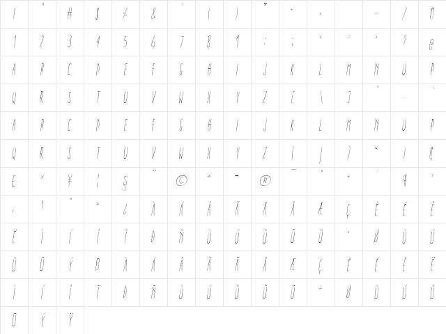 Aracne Ultra Condensed Light Italic Ultra-condensed Light Italic Character Map
