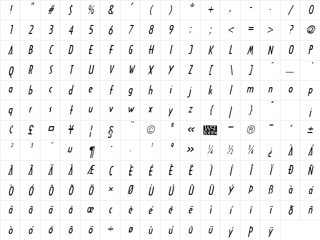 Arcane Italic Character Map