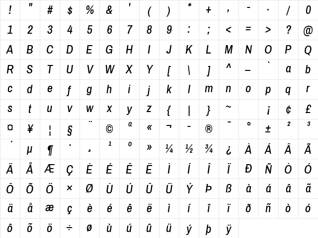 Archivo Narrow Medium Italic Character Map