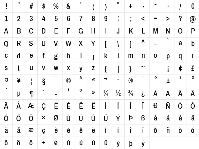 Archivo Narrow Medium Regular Character Map