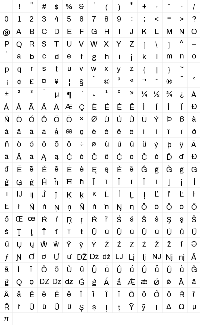 Archivo VF Beta Regular Character Map Archivo VF Beta Regular Character Map