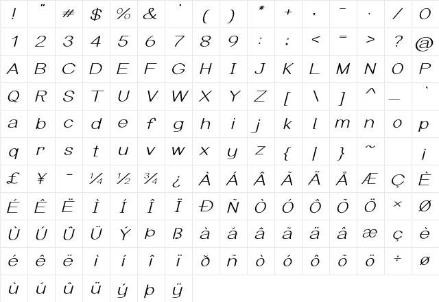 Arcon Expanded Italic Character Map