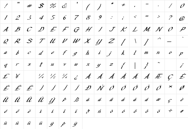 Ardor Expanded Italic Character Map