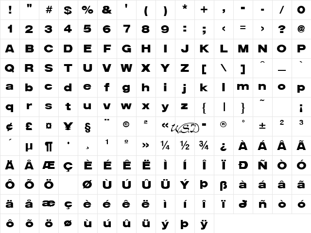 Arena Black Extended Regular Character Map