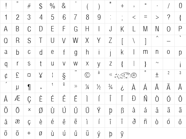 Arena Cond Light Regular Character Map