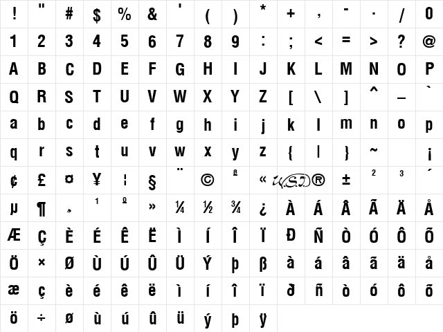 Arena Condensed Bold Character Map