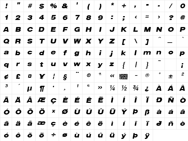 ArenaBlackExtended Italic Character Map