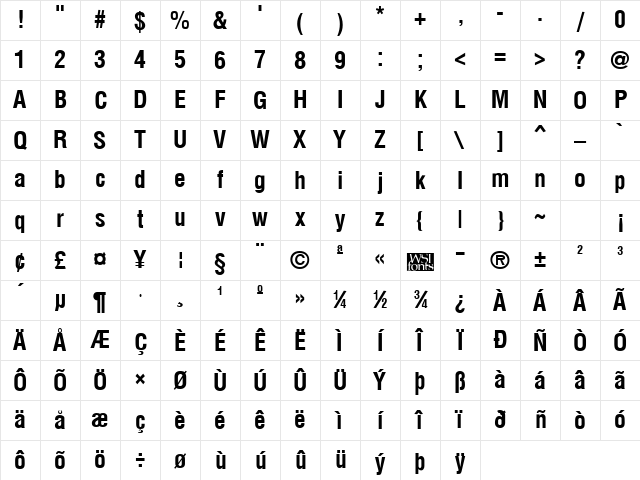 ArenaCondensed Bold Character Map