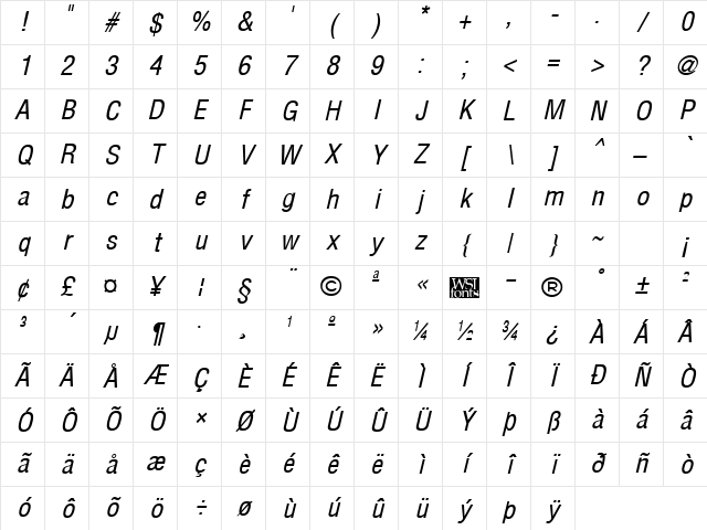 ArenaCondensed Italic Character Map
