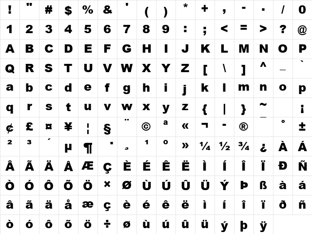Arial Black Regular Character Map
