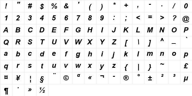 Arial Greek Bold Inclined Character Map