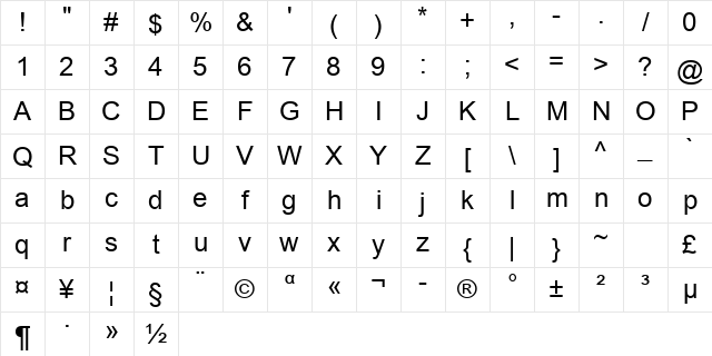 Arial Greek Regular Character Map