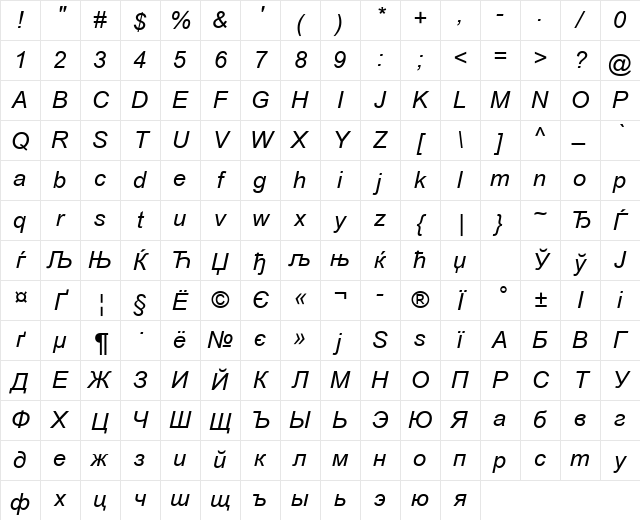 Arial Italic Character Map Arial Italic Character Map