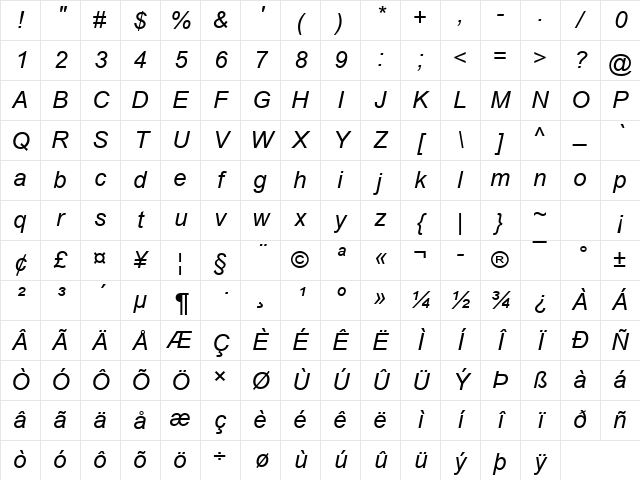 Arial Italic Character Map Arial Italic Character Map