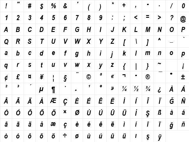 Arial Narrow Bold Italic Character Map Arial Narrow Bold Italic Character Map