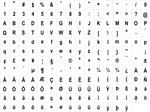 Arial Narrow Bold Regular Character Map