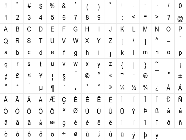 Arial Narrow Regular Character Map