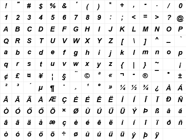 Arial_Hun Bold Italic Character Map