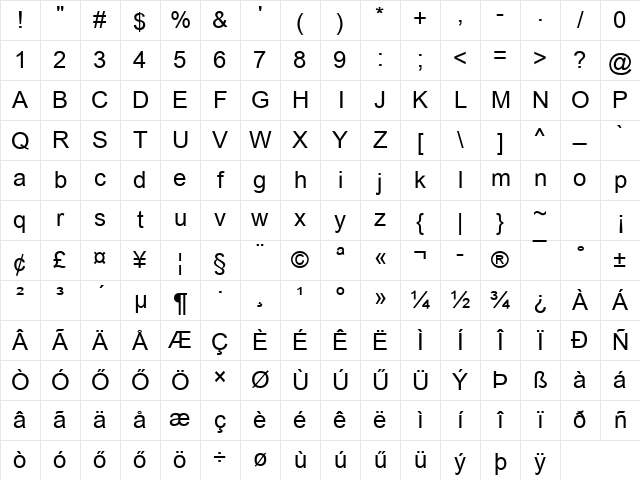 Arial_Hun Regular Character Map