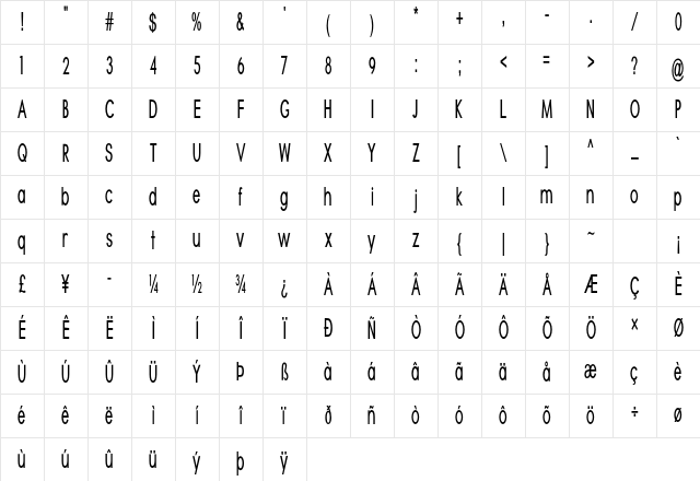 Arias Extra-condensed Bold Character Map