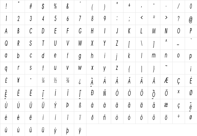 Arias Extra-condensed Italic Character Map