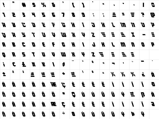 Army Rangers Leftalic Italic Character Map