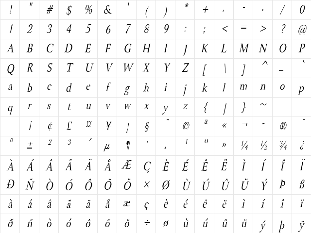 Array-Condensed Italic Character Map Array-Condensed Italic Character Map