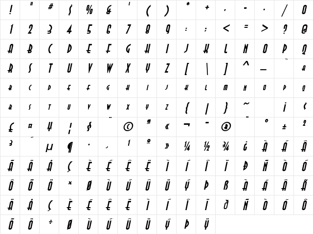Asia Bold Italic Character Map