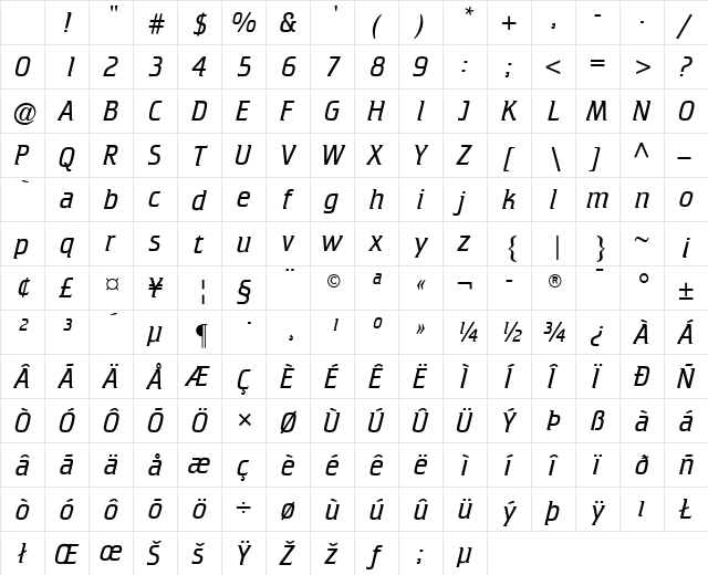 ATCrillee Light Italic Character Map