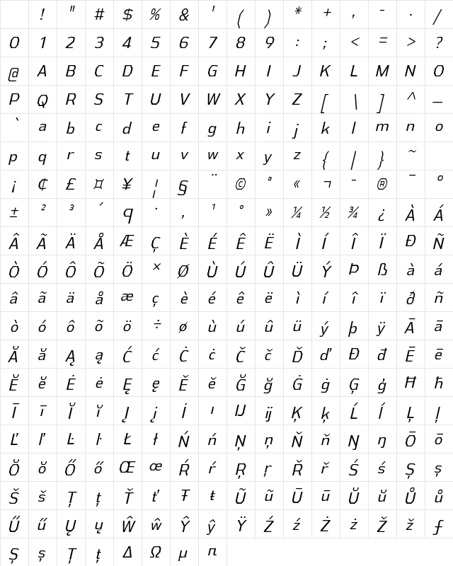 Athabasca Condensed Book Italic Character Map Athabasca Condensed Book Italic Character Map