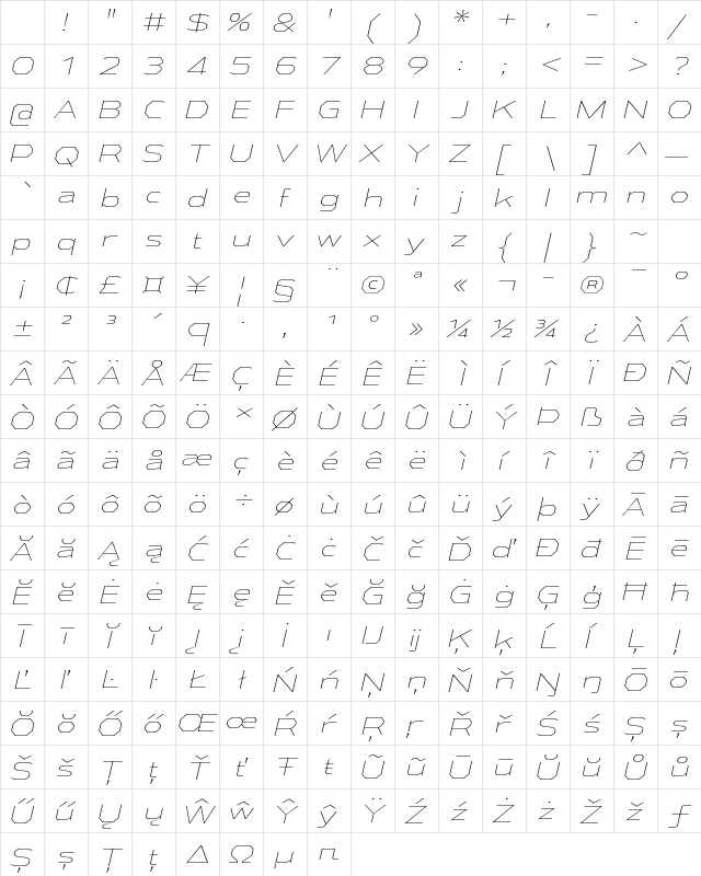 Athabasca Expanded ExtraLight Italic Character Map Athabasca Expanded ExtraLight Italic Character Map