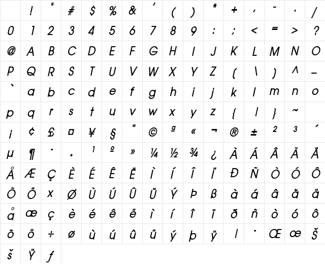 Atilla-Condensed Bold Italic Character Map Atilla-Condensed Bold Italic Character Map