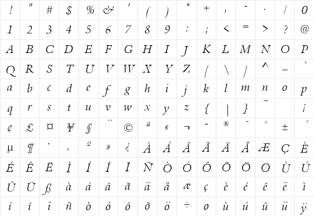 AureliaEF-LightItalic Medium Character Map
