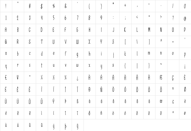 Aurivan Extra-condensed Bold Character Map