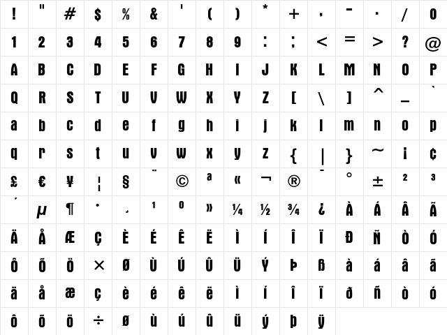 Aurora Bold Condensed Character Map