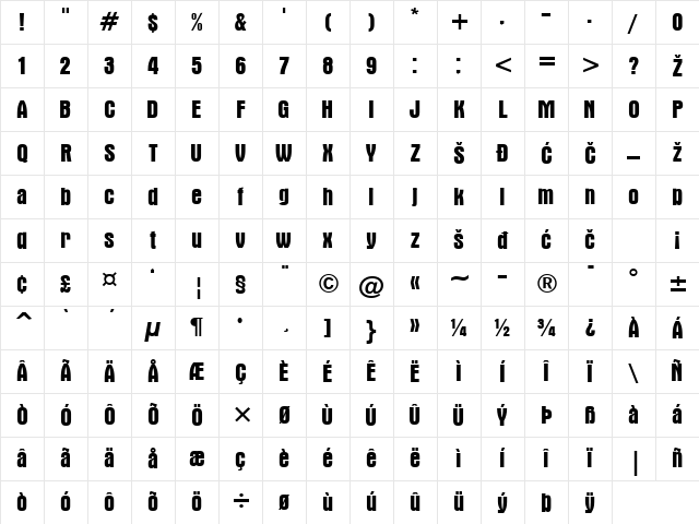 AuroraCond Bold Character Map