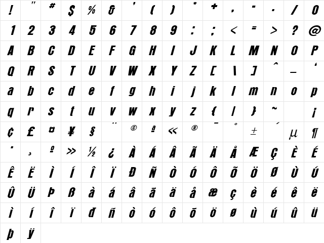 Aurora-Italic Normal Character Map