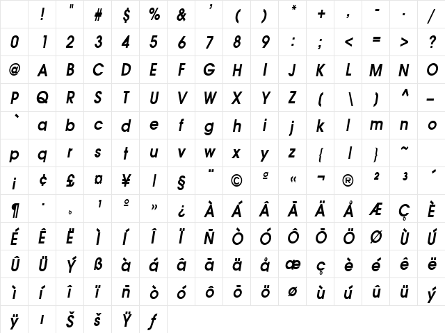 AvanteCondensed Bold-Oblique Character Map