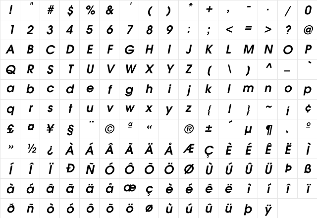 AvantGarde-DemiOblique Regular Character Map
