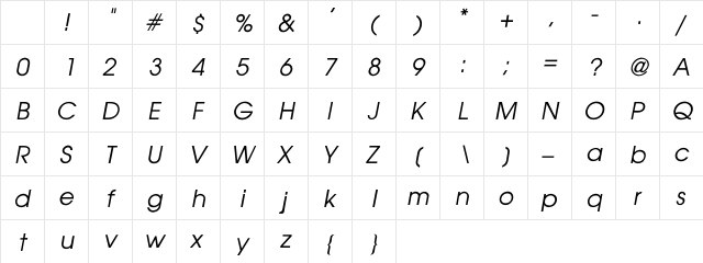 AvantGarde-Thin Italic Character Map AvantGarde-Thin Italic Character Map