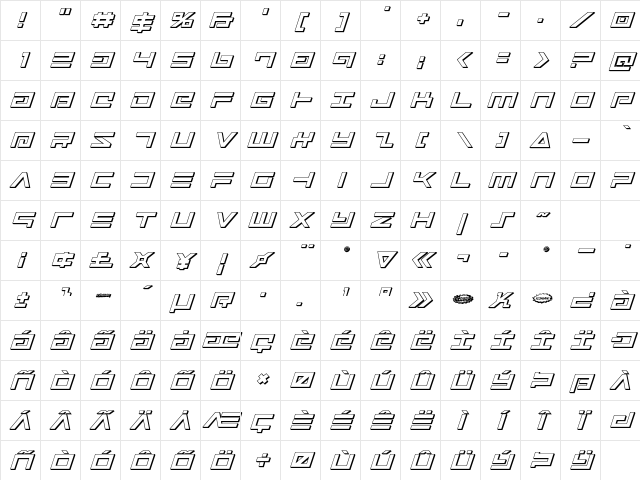 Avenger 3D Italic Italic Character Map
