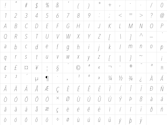 Avenir Next LT Pro Ultra Light Condensed Italic Character Map Avenir Next LT Pro Ultra Light Condensed Italic Character Map