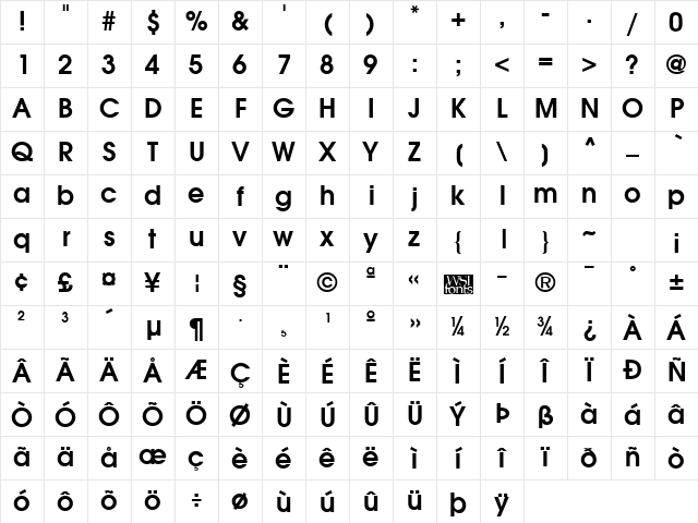 Avian Bold Character Map