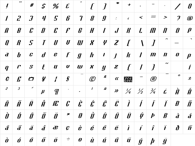 BaccusExpanded Italic Character Map