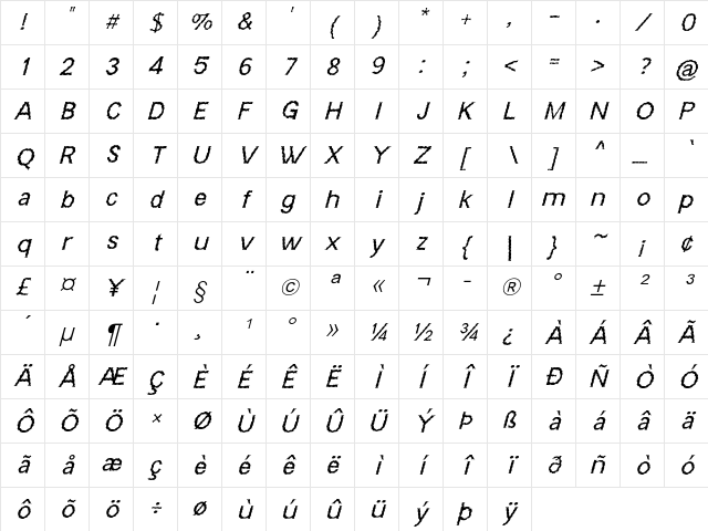 Barbario Italic Character Map