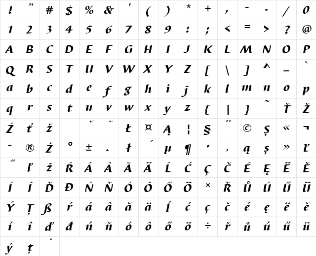 BarbedorTEEHea Italic Character Map